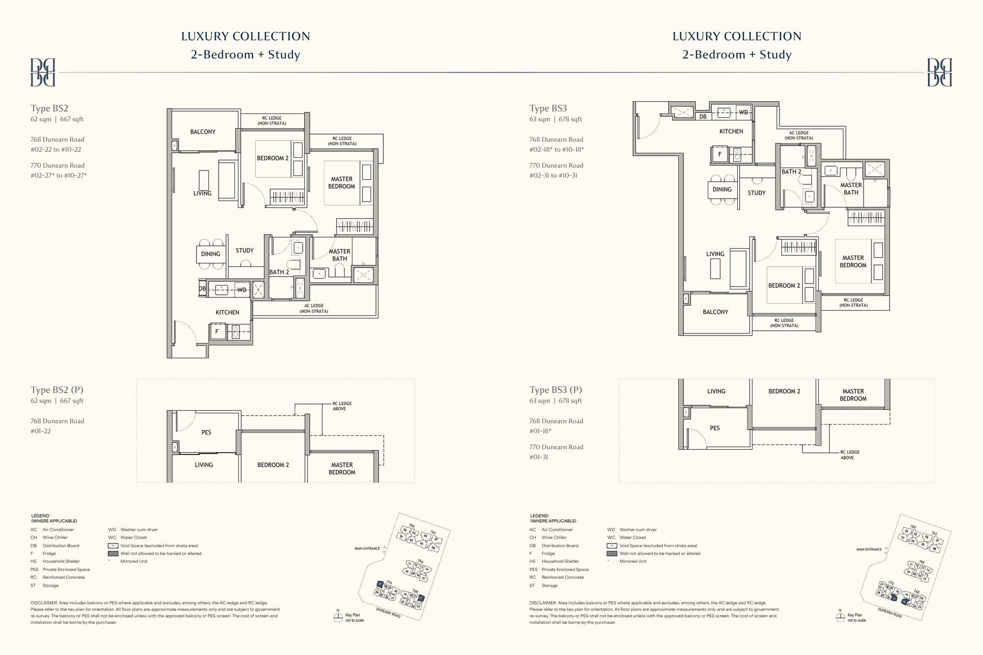 2-Bedroom + Study floor plans, Types BS2 and BS3