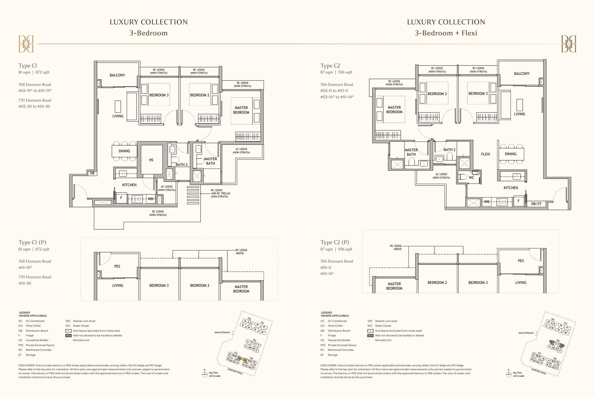 3-Bedroom C1 and 3-Bedroom + Flexi C2 floor plans