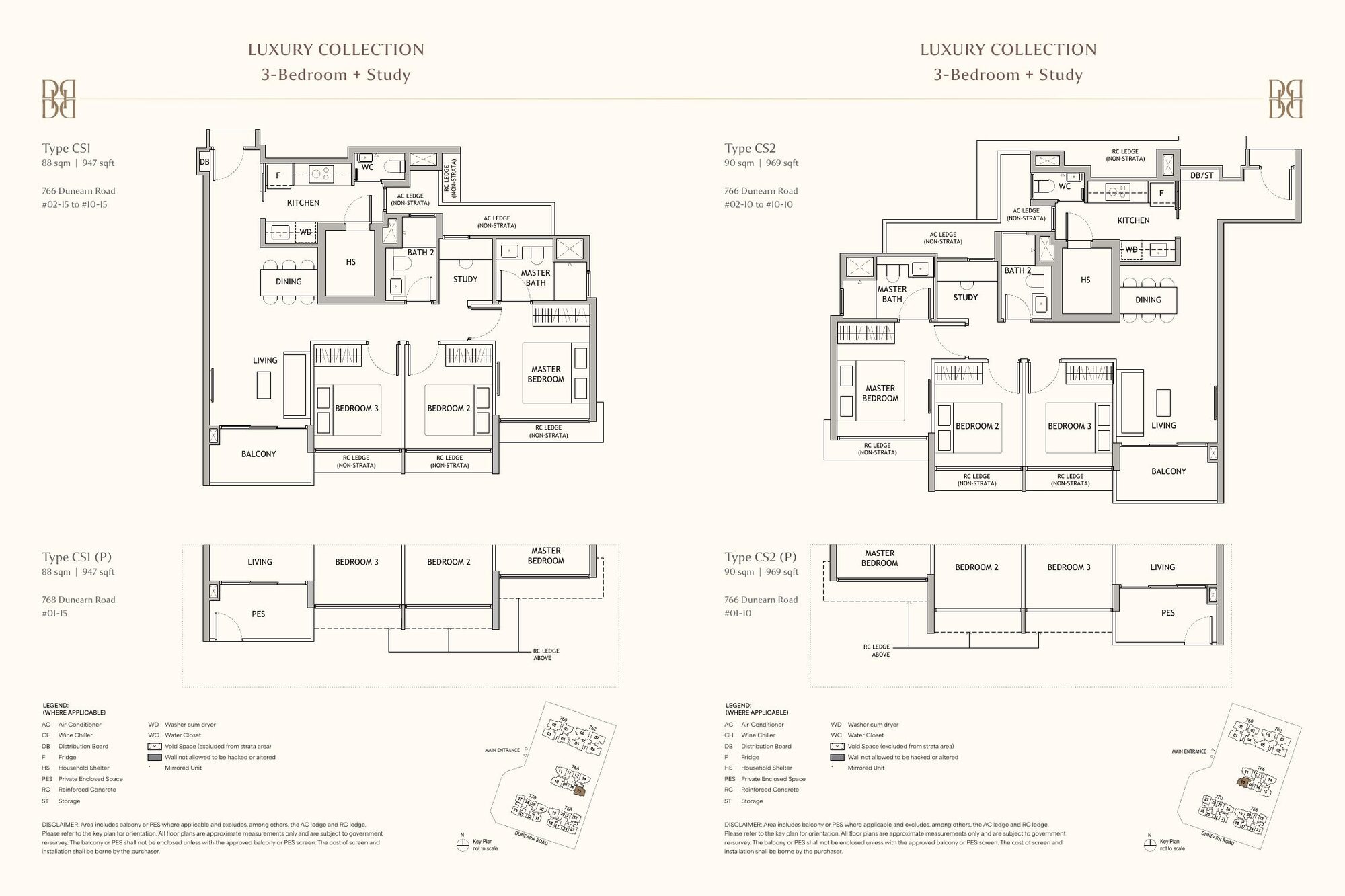 3-Bedroom + Study floor plans, Types CS1 and CS2