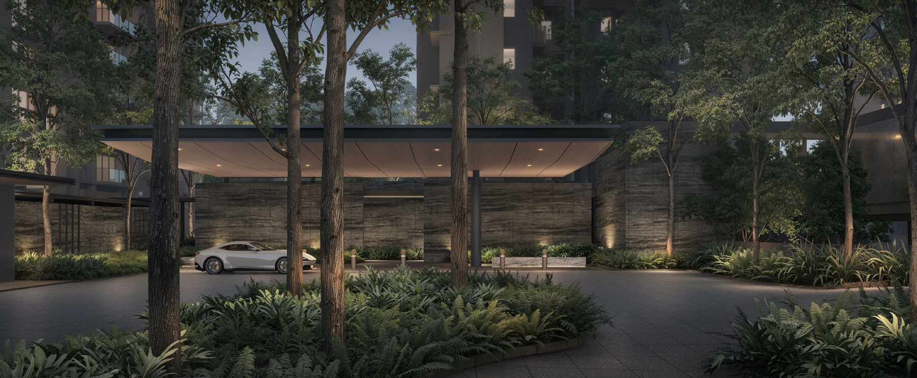 Grand Arrival driveway amid forest planting — artist's impression