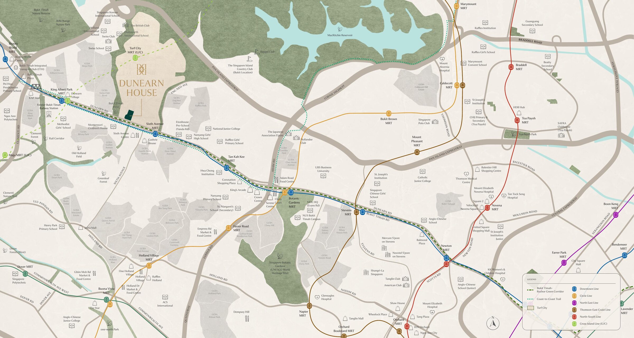 Dunearn House location map — MRT lines, schools, parks and amenities across Bukit Timah