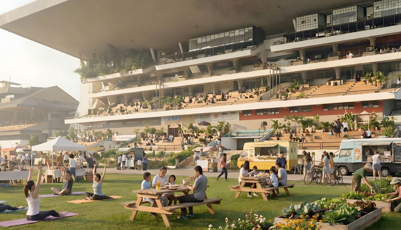 Artist's impression of the rejuvenated Bukit Timah Turf City grandstand lifestyle precinct